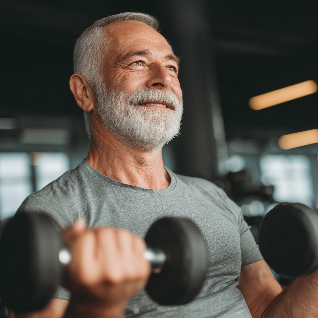 Мъж на 55 години прави силова тренировка с гирички в модерен фитнес център, усмихнат и мотивиран