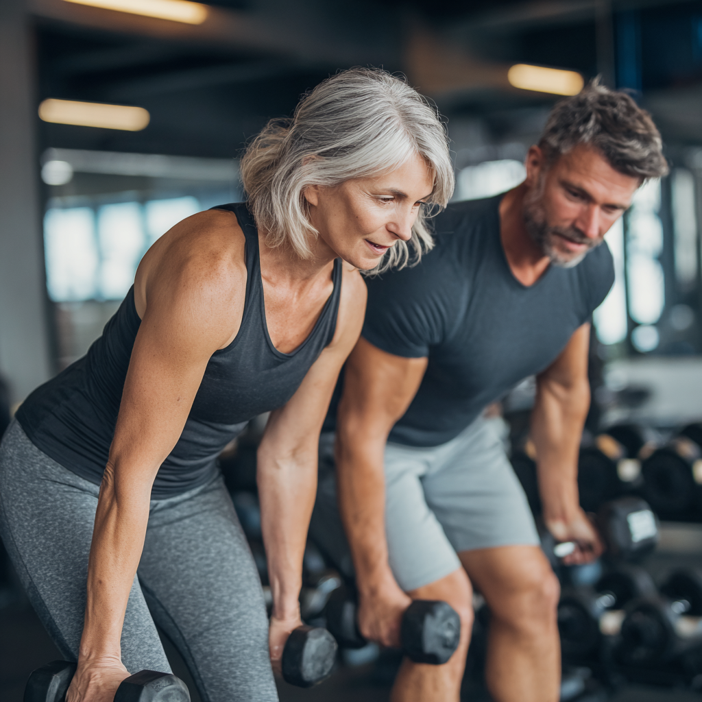 Жена на 58 години тренира с персонален треньор в съвременна фитнес зала, показва правилна техника на упражнения