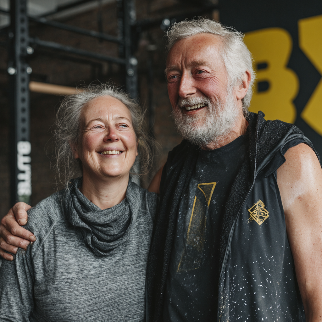 Двойка на възраст 52 и 55 години се усмихват след завършена тренировка в brildonith, доволни от постигнатите резултати